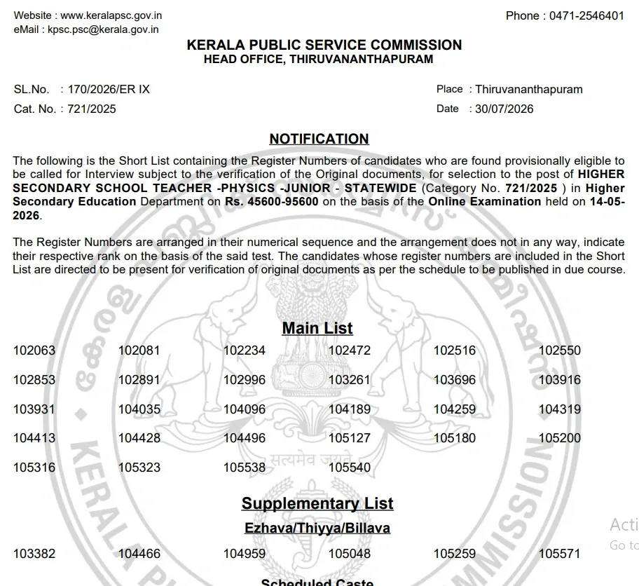 Kerala PSC HSST Physics Short List 2026.webp